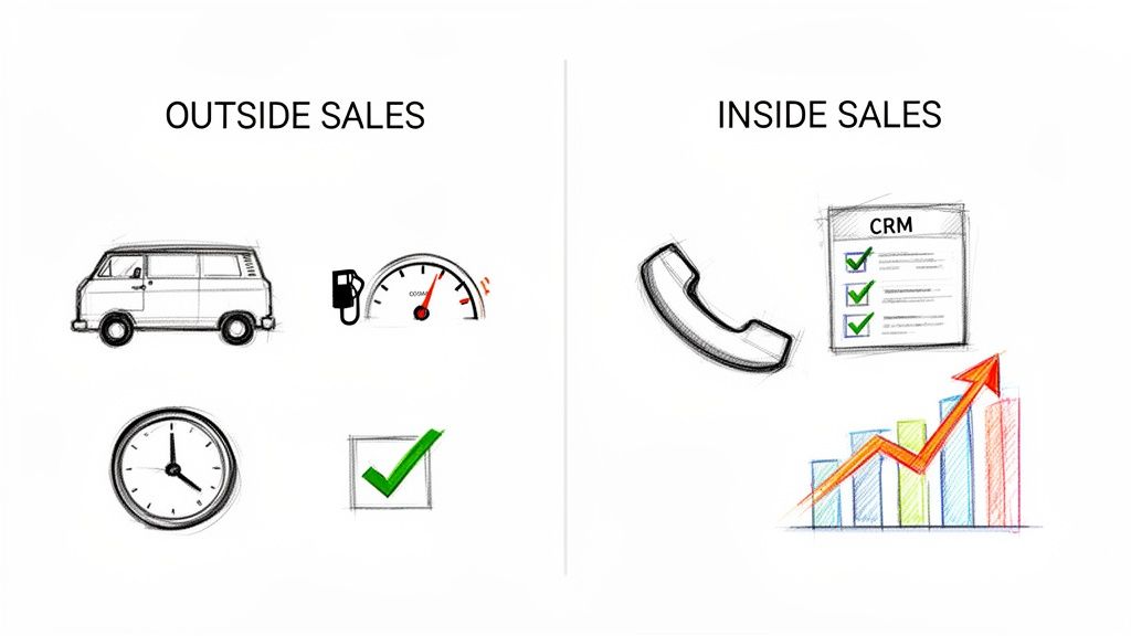 A visual comparison of outside sales (van, gas, clock) and inside sales (phone, CRM, growth chart).