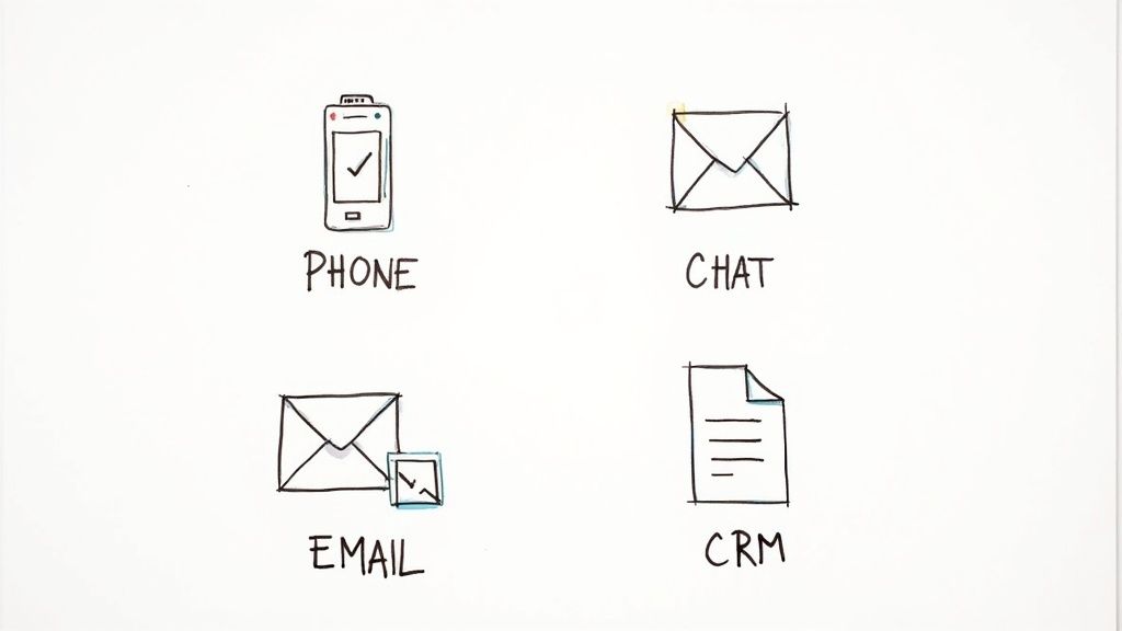 Hand-drawn icons representing customer service channels: phone, chat, email, and CRM system.