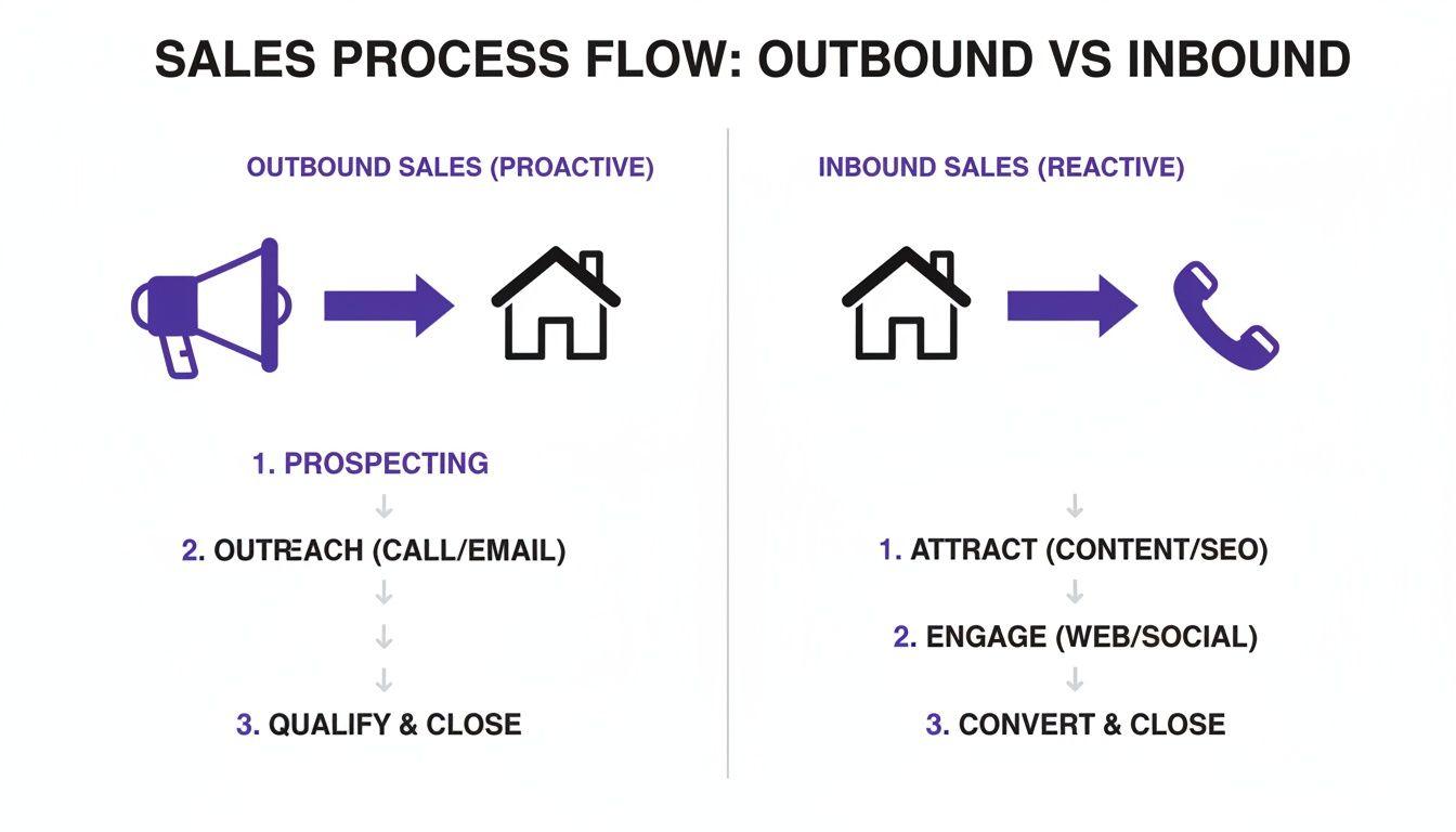 Flowchart comparing outbound (proactive) and inbound (reactive) sales processes with key steps.