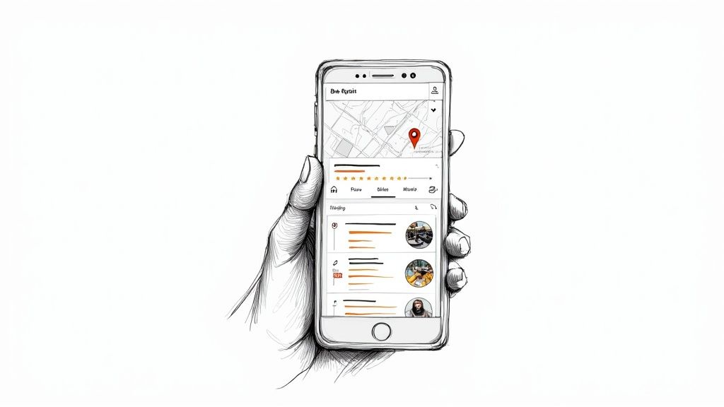 A hand-drawn sketch of a hand holding a smartphone displaying a map and mobile app interface.