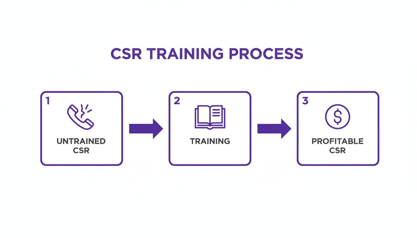 A workflow diagram illustrates the CSR training process, moving from untrained to profitable customer service representatives.