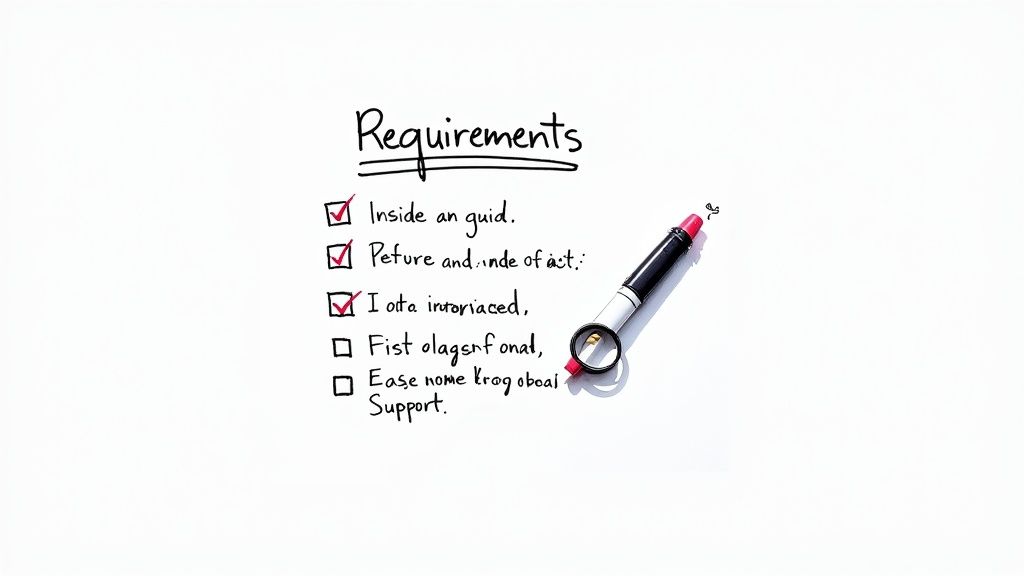 A person evaluating different scheduling software options on a laptop, with checklist icons overlaid.