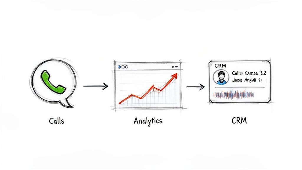 Diagram showing calls, analytics, and CRM integration for tracking and customer management.
