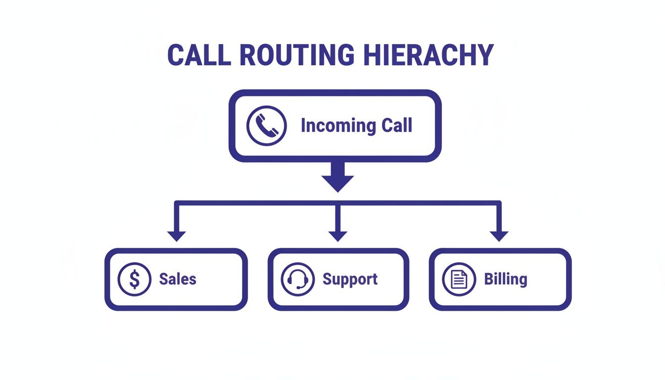 A call routing hierarchy diagram showing incoming calls directed to sales, support, and billing departments.