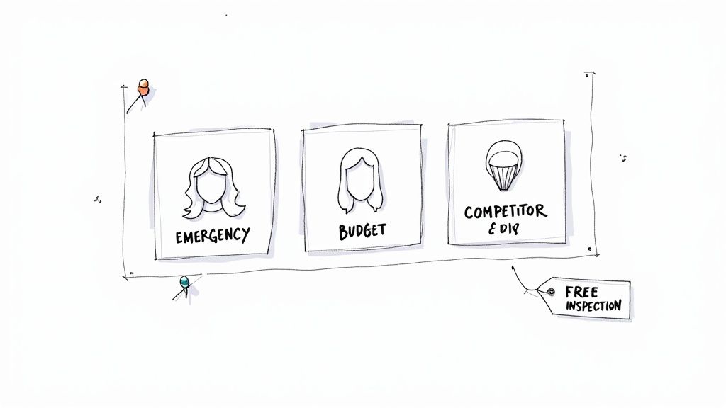 Hand-drawn illustration showing customer scenarios: emergency, budget, and competitor/DIY, with a 'Free Inspection' tag.