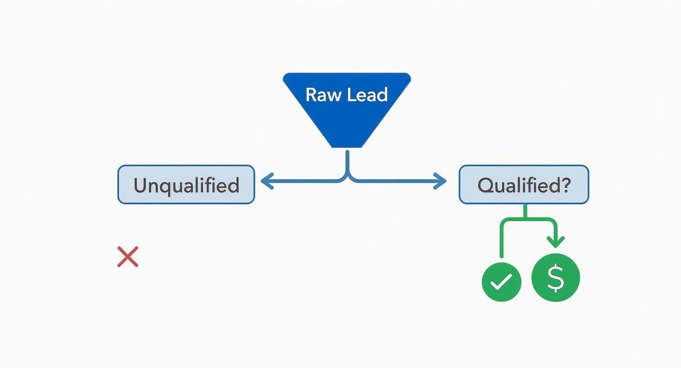 Infographic decision tree showing the process of qualifying a raw lead into a sales-ready opportunity.