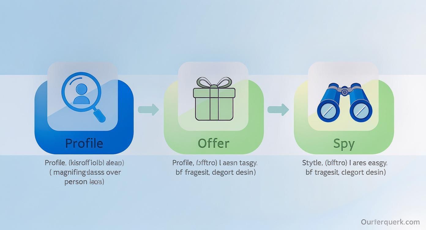 Diagram showing a three-step marketing process: Profile (magnifying glass), Offer (gift box), and Spy (binoculars).