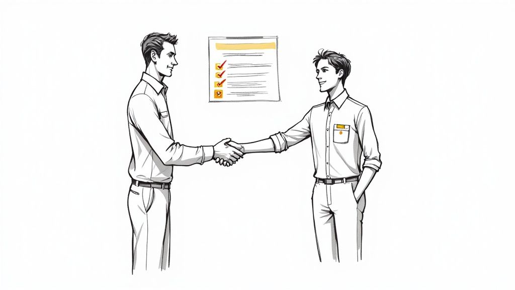 A friendly handyman in a branded uniform smiles while talking to a client at their front door.