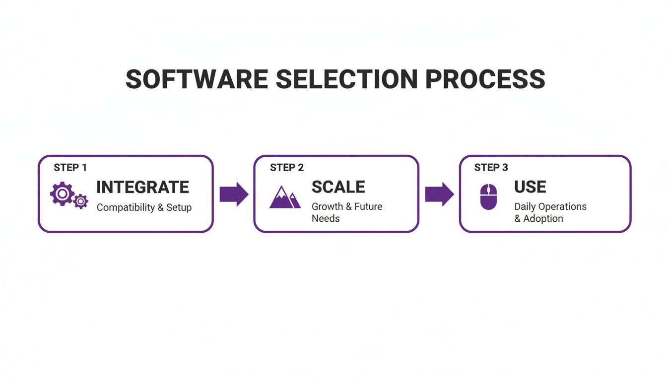 Flowchart outlining the software selection process: Integrate for compatibility, Scale for growth, and Use for operations.