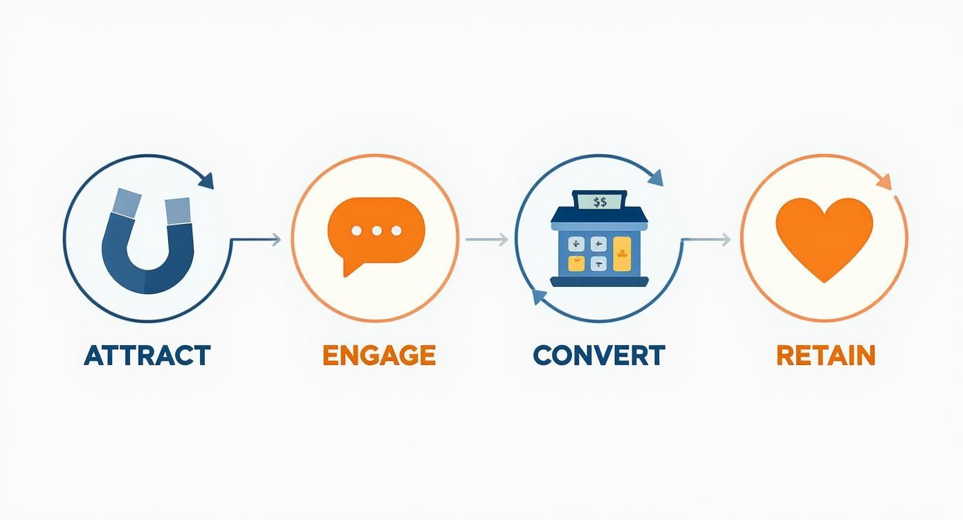 A marketing funnel illustrating attract, engage, convert, and retain stages with relevant icons and arrows.