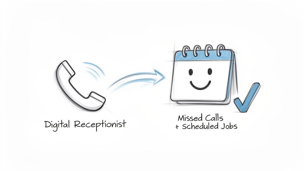 A digital receptionist manages incoming calls, turning them into scheduled jobs and handling missed calls effectively.