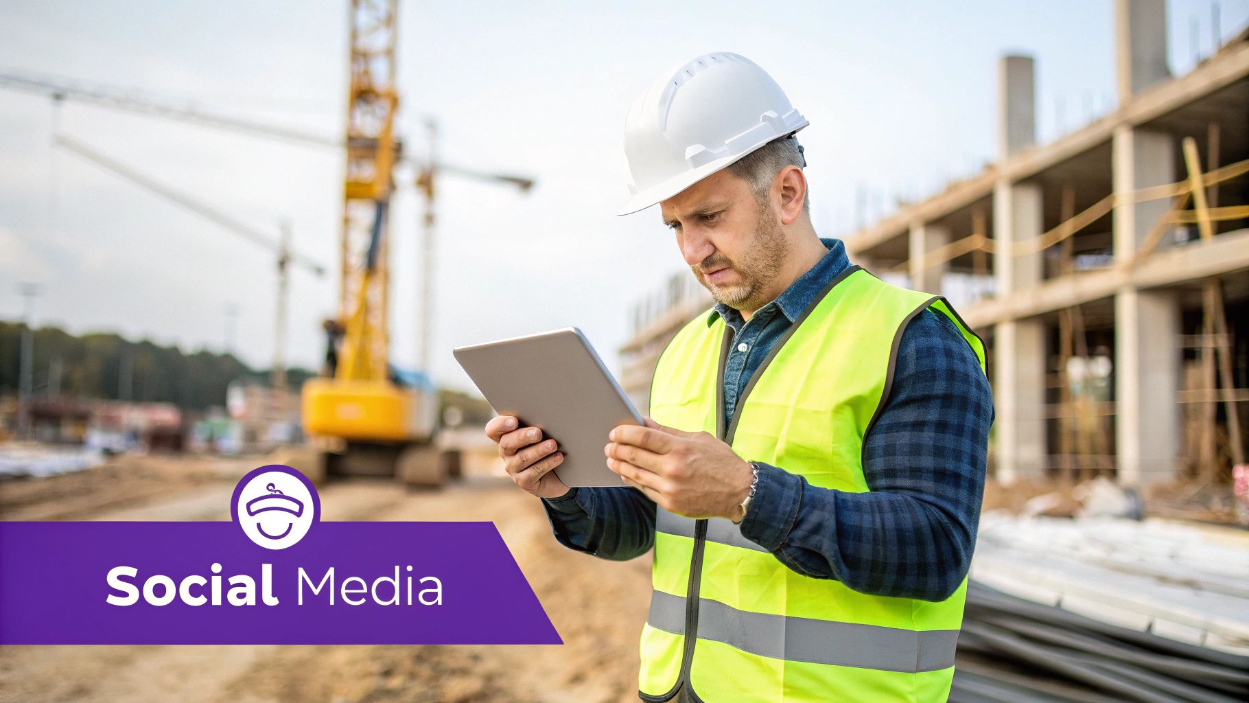 Two construction professionals reviewing blueprints on a tablet at a job site.