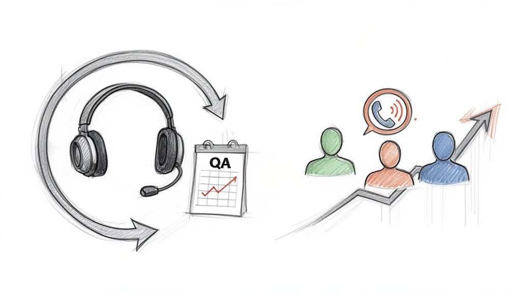 A hand-drawn illustration showing a customer service headset, QA calendar, and team performance growth graph.