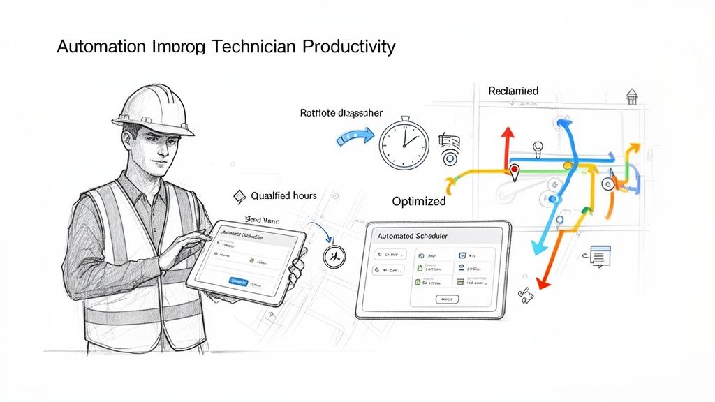 A technician uses a tablet with an automated scheduler to optimize routes and improve productivity.