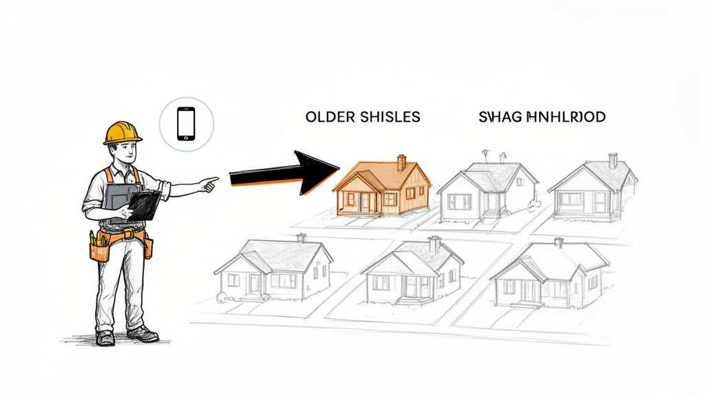 A construction worker with a phone icon points to houses, highlighting one older home in orange.