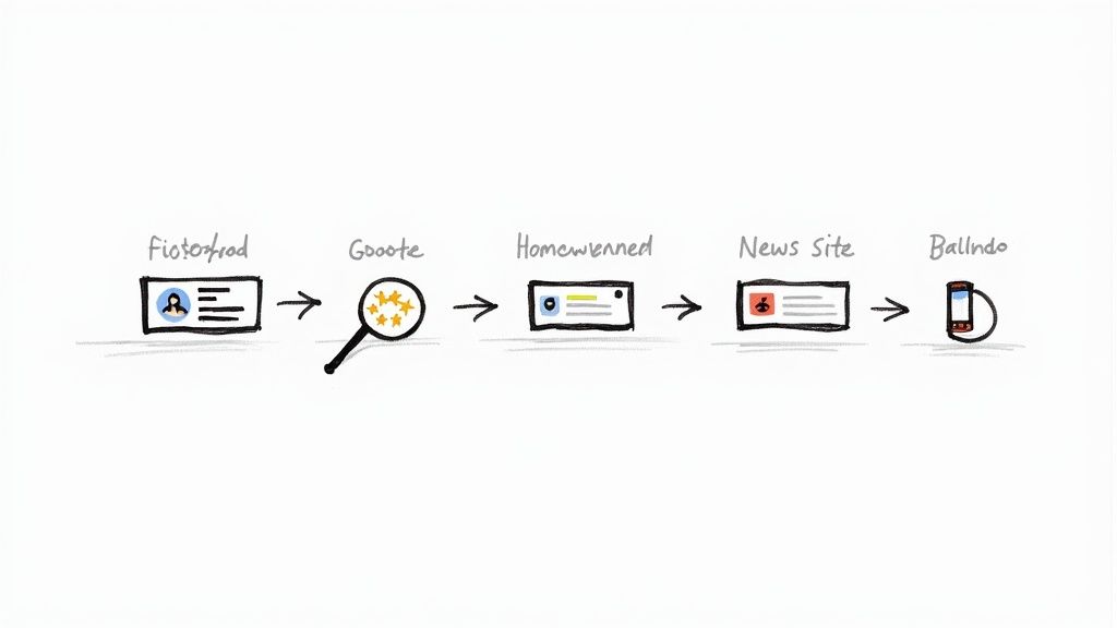 Flow diagram showing content journey from FioToHod through Google search to Homevenned, News Site, and Ballndo