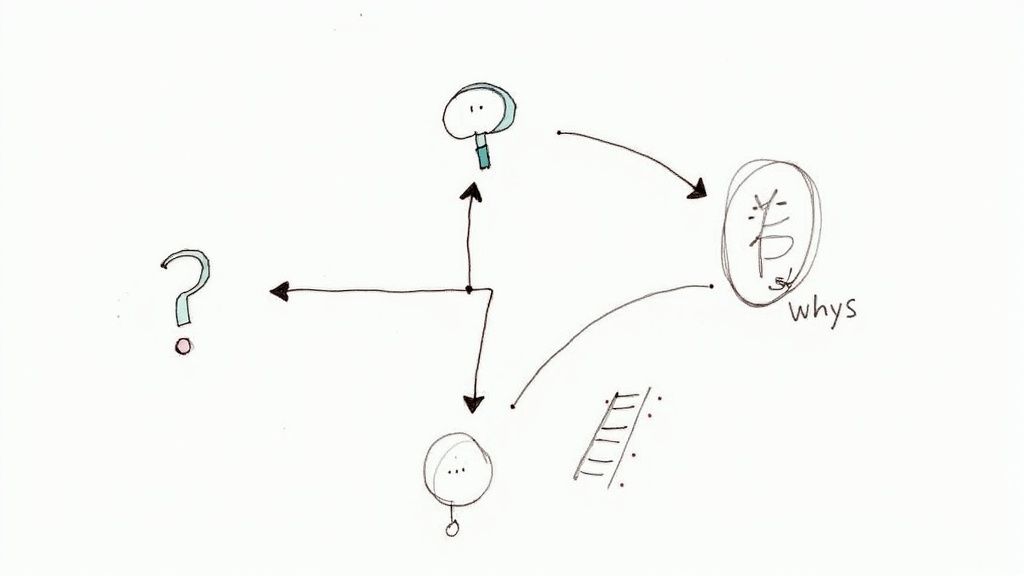 Hand-drawn diagram showing a question mark, arrows, magnifying glass, person, and 'whys' oval, representing inquiry and problem-solving.