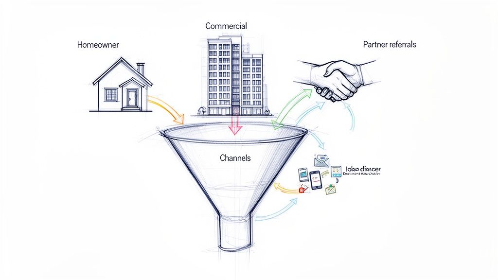 Marketing funnel diagram showing homeowner, commercial, and partner referrals feeding into business communication channels.