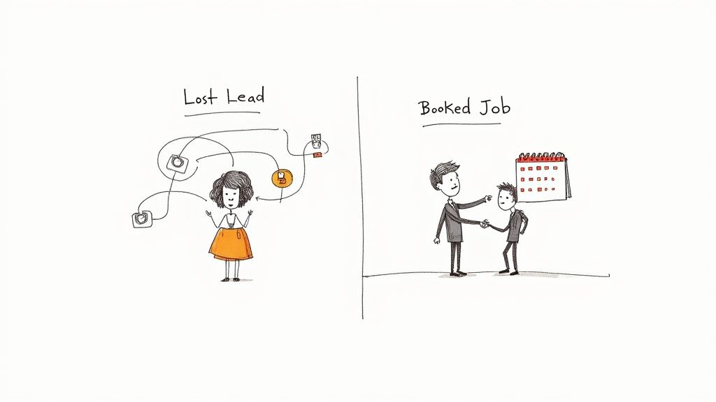A cartoon showing the chaotic process of a lost lead versus the clear process of a booked job.
