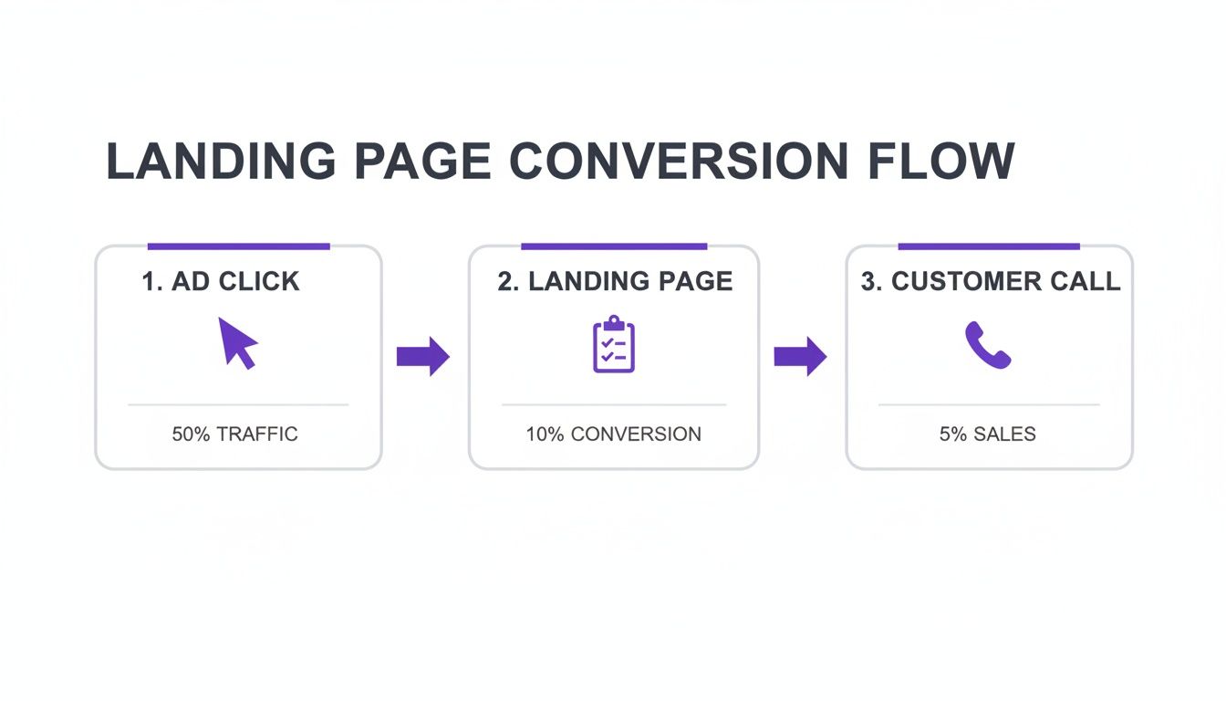 Landing page conversion flow diagram showing ad click, landing page, and customer call with performance metrics.