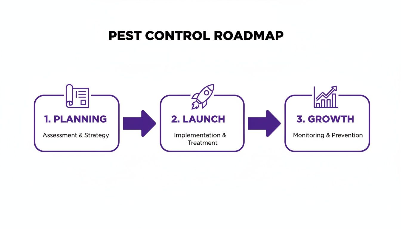 A pest control roadmap diagram with three steps: Planning, Launch, and Growth, connected by arrows.