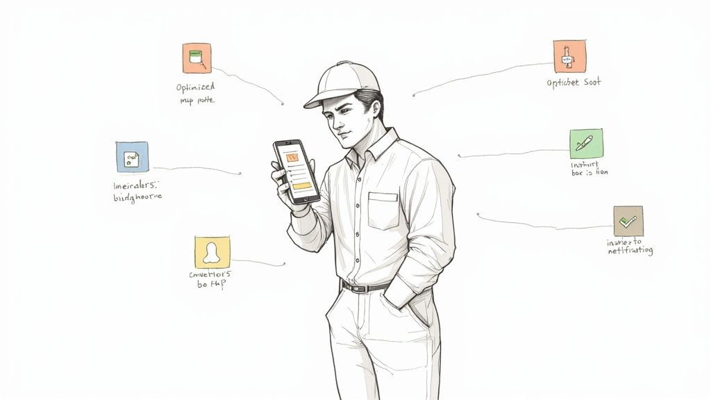 A sketch of a man in a cap viewing a smartphone, surrounded by abstract icons and illegible text.