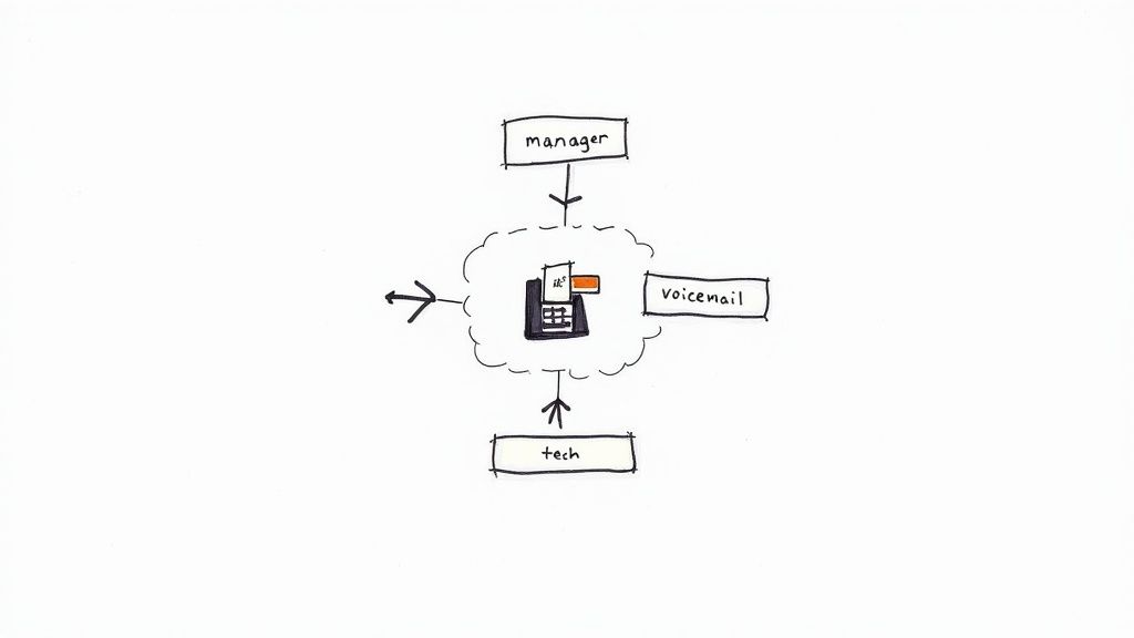 Diagram of a business phone system in a cloud, connected to manager, tech, and voicemail.