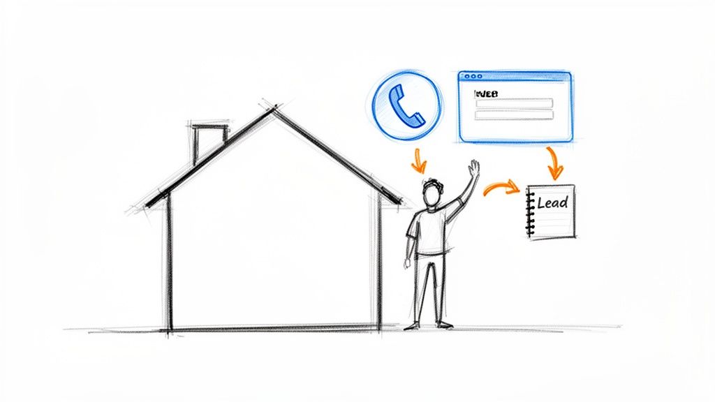 Sketch illustrating lead generation: phone calls, web forms, and a person creating a sales lead.