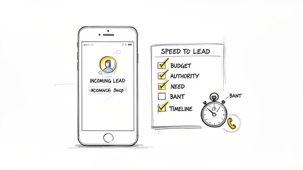 A smartphone shows an incoming lead notification next to a checklist for lead qualification, emphasizing speed.