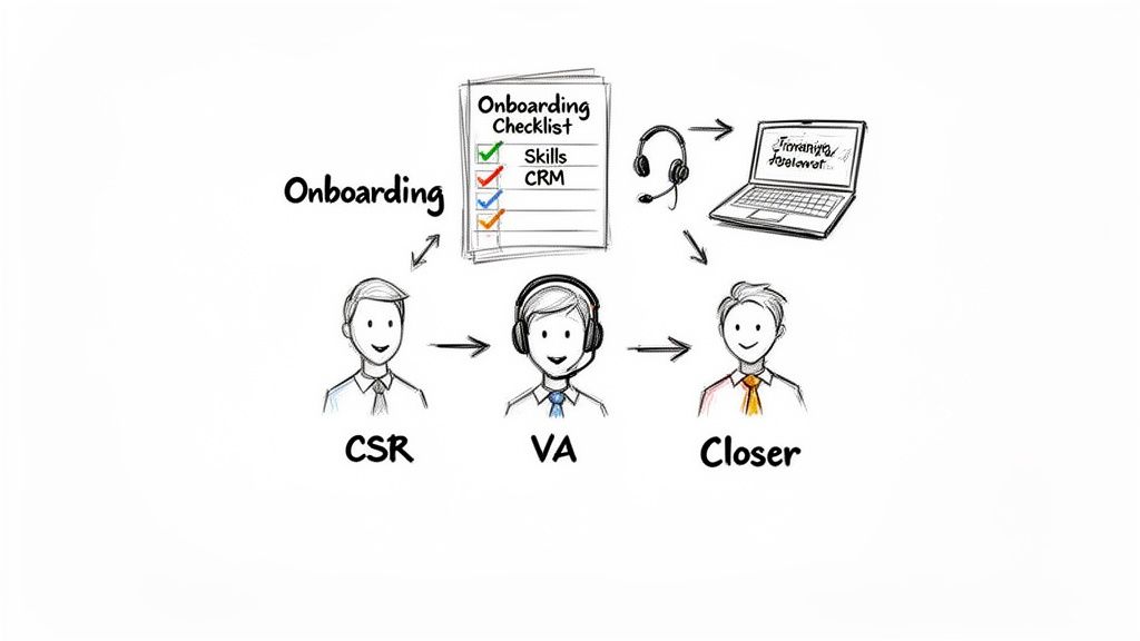 A whiteboard-style diagram illustrating the onboarding process for CSR, VA, and Closer sales roles with a checklist.