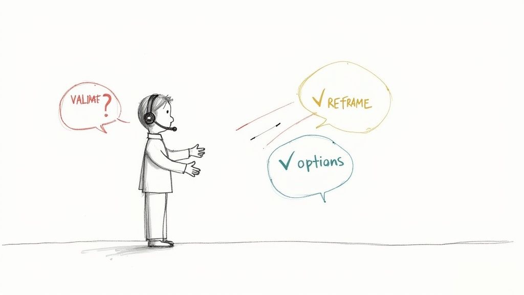 A customer service agent with a headset processes a query, considering reframing and offering options.