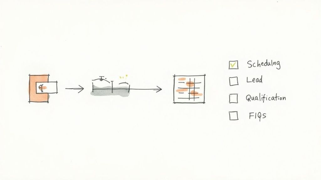 Hand-drawn workflow diagram showing a process leading to scheduling, with a calendar and checklist.