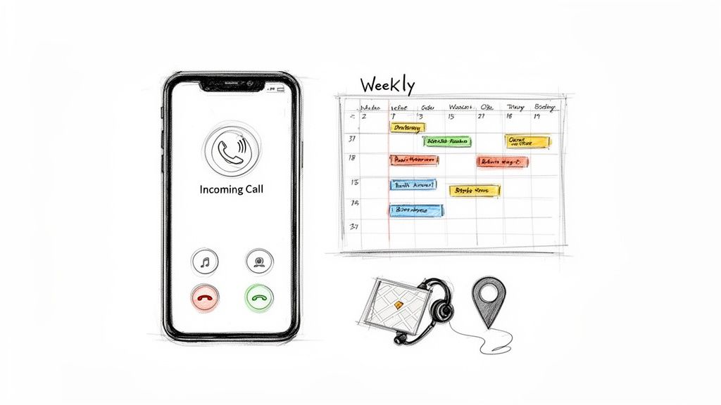 Illustration of a smartphone with an incoming call, a weekly calendar, and business management icons.
