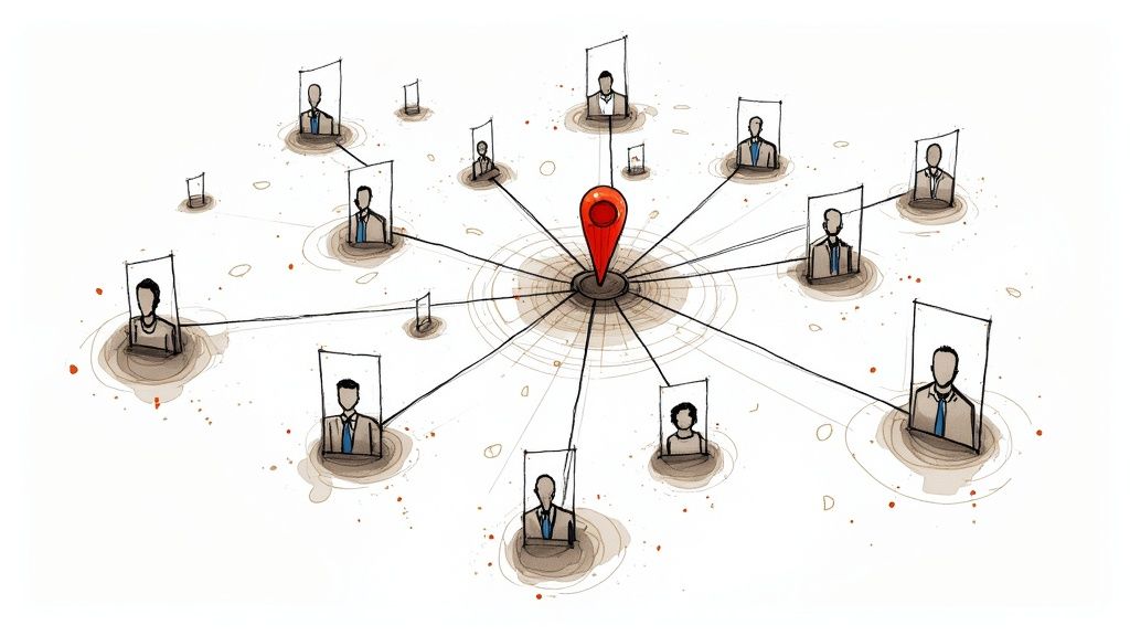 A professional woman using a laptop in a modern office, analyzing local business data on her screen.