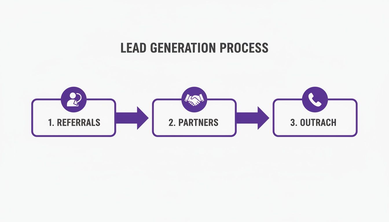 A visual flow chart detailing the lead generation process, including referrals, partners, and outreach.