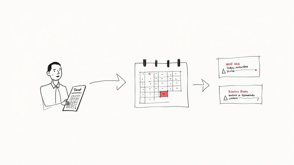 A hand-drawn illustration shows a person scheduling tasks on a tablet, leading to calendar dates and performance reports.