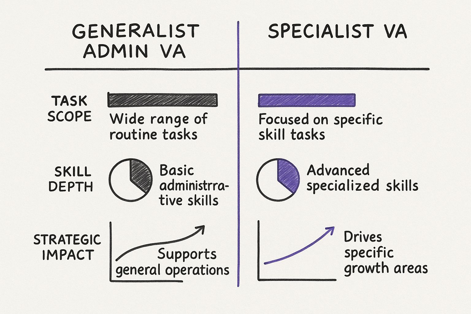Infographic comparing a Generalist Admin VA to a Specialist VA across task scope, skill depth, and strategic impact.