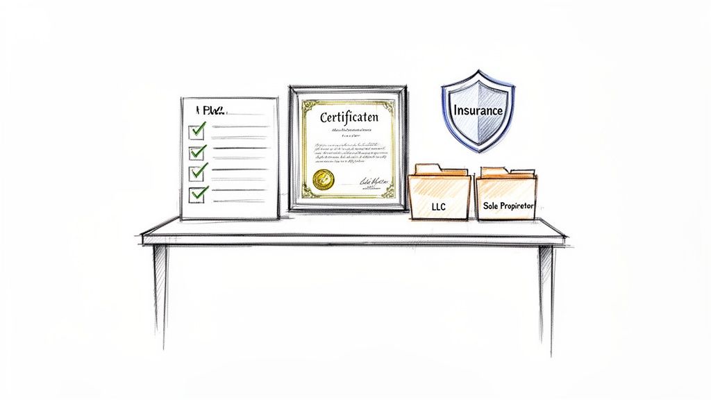 A sketch of a desk with a business setup featuring a checklist, certificate, insurance shield, and LLC and Sole Proprietor folders.