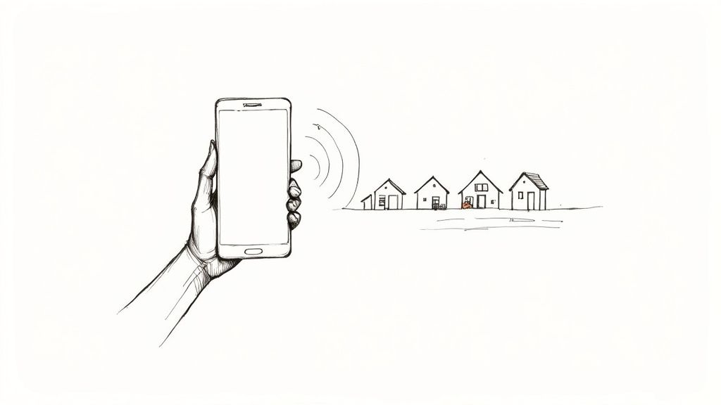 A hand holds a smartphone emitting signals towards a row of sketched houses, symbolizing smart home connectivity.