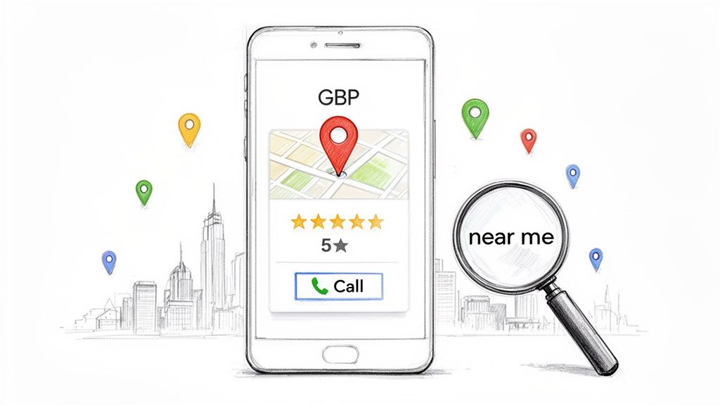 Smartphone displaying local search results with map, 5-star rating, call button, and 'near me' magnifying glass.