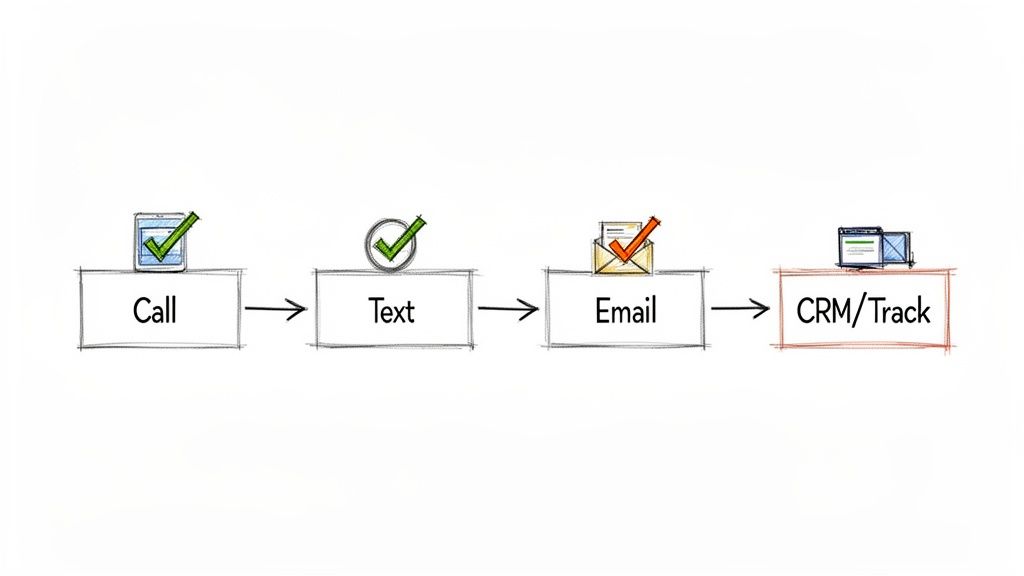 A four-step flow diagram showing Call, Text, Email, and CRM/Track for a lead management process.