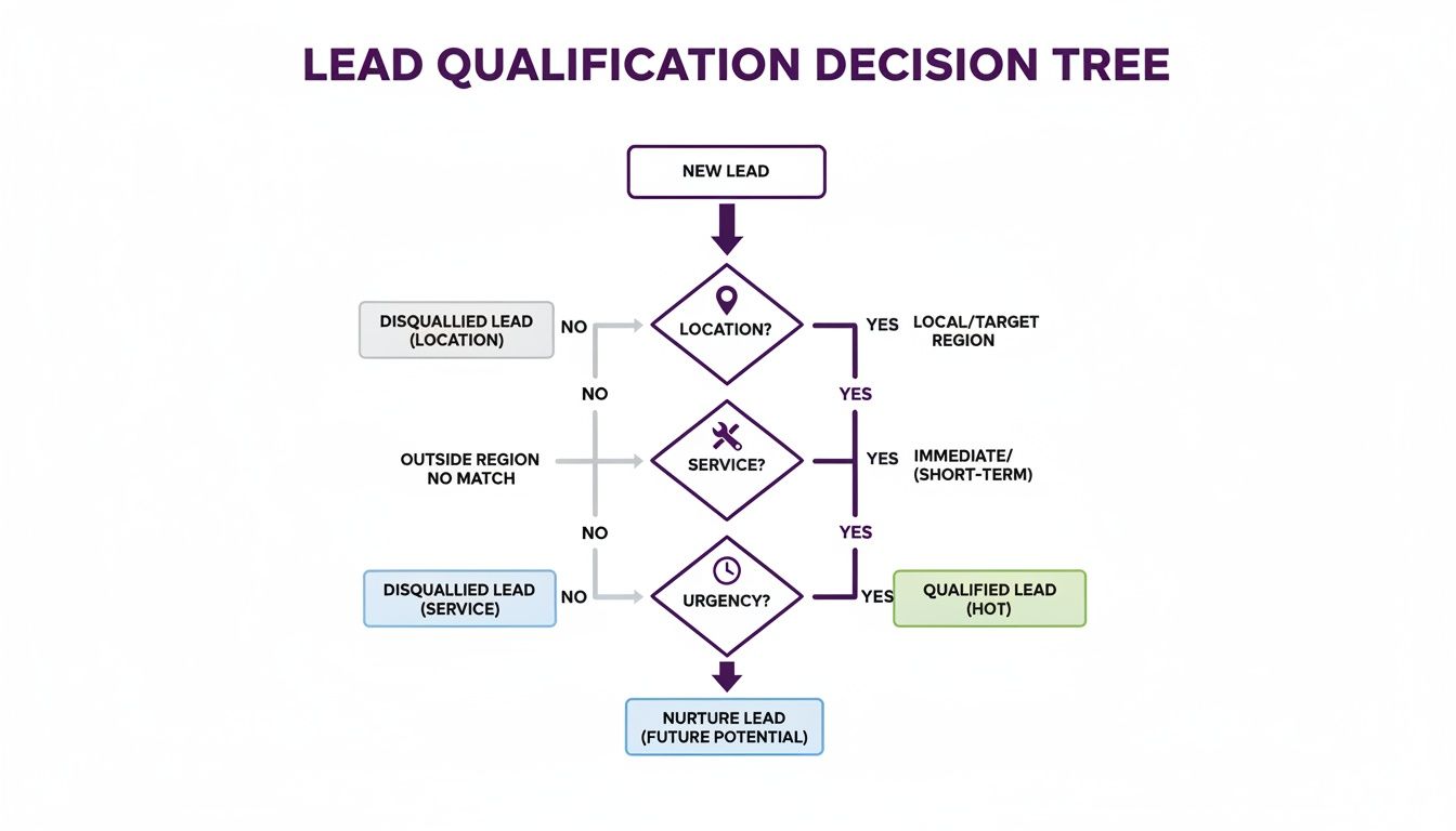 Flowchart illustrating a lead qualification decision tree with steps for location, service, and urgency.