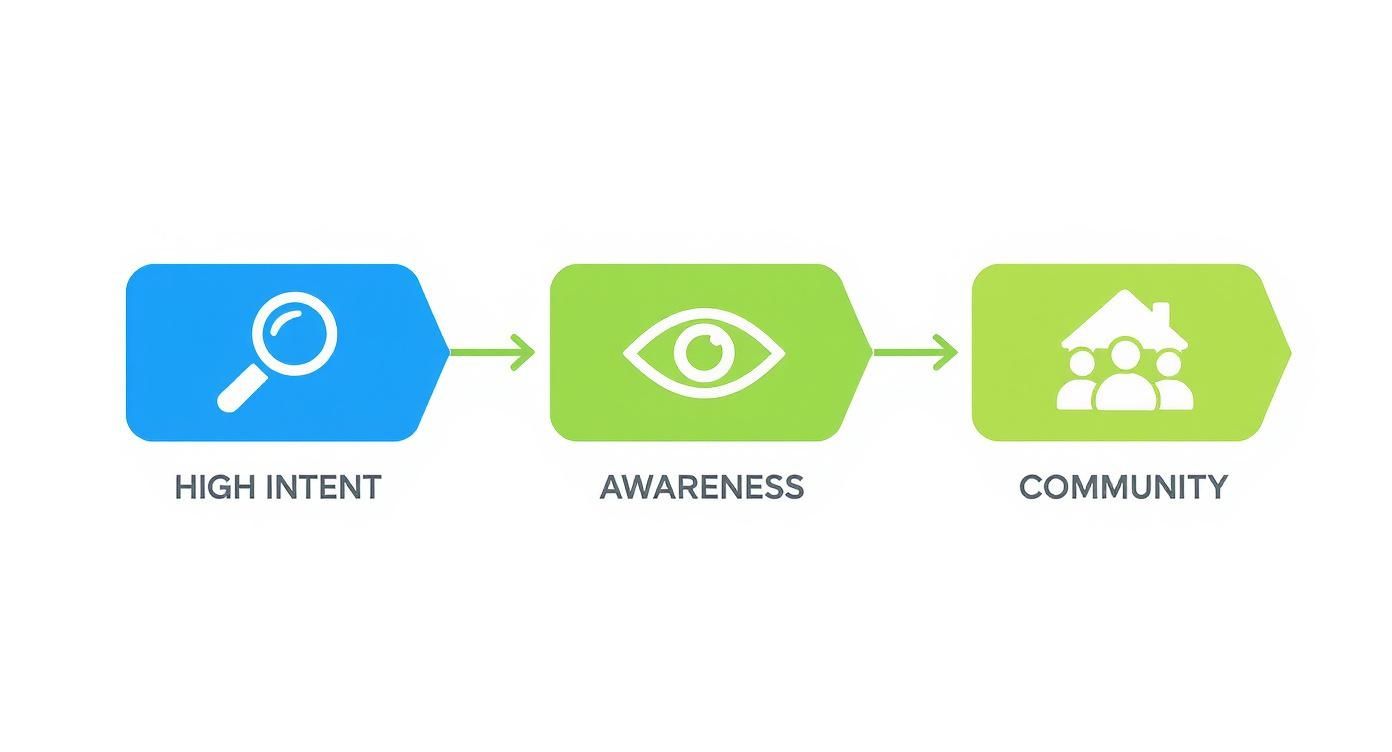 Three stage marketing funnel diagram showing high intent, awareness, and community phases with icons
