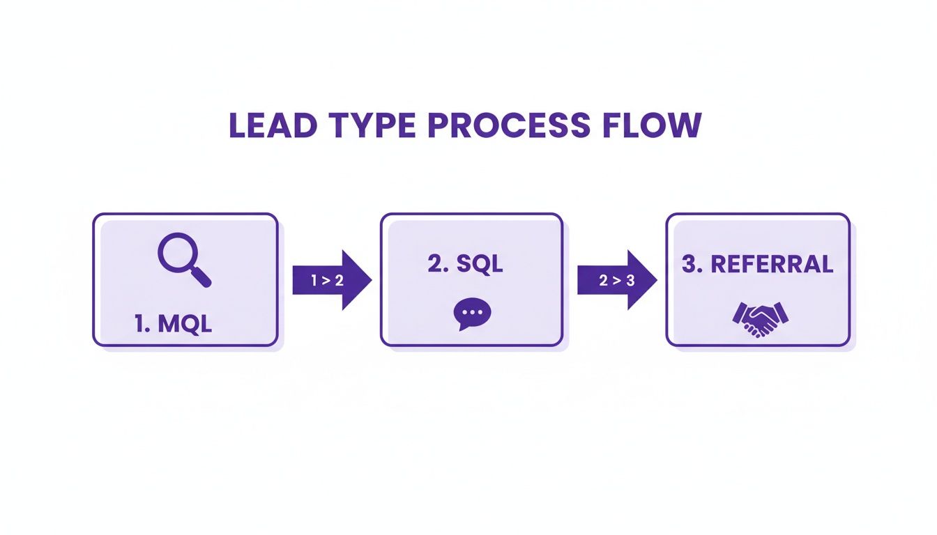 A flow diagram illustrates the lead type process, from MQL to SQL, and then to Referral.
