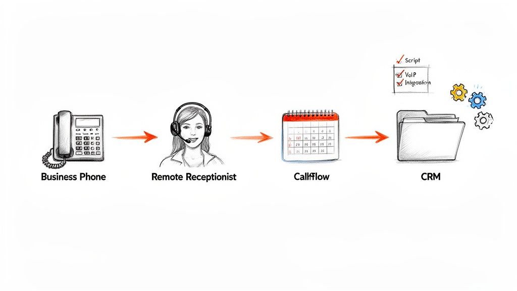 Workflow diagram showing calls handled by a remote receptionist, managed by call flow, and recorded in CRM.