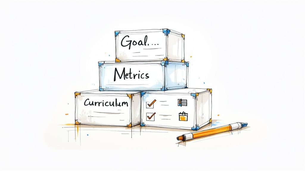 Stacked transparent boxes showing educational planning hierarchy with goal, metrics, and curriculum levels with pencil