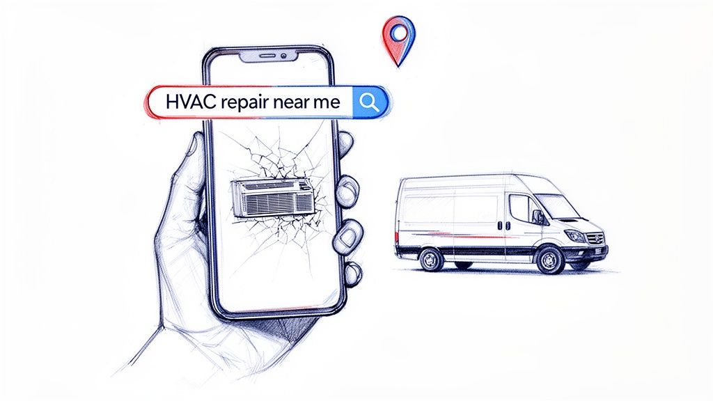 Sketch of a hand holding a phone searching 'HVAC repair near me' with a broken unit, next to a service van.
