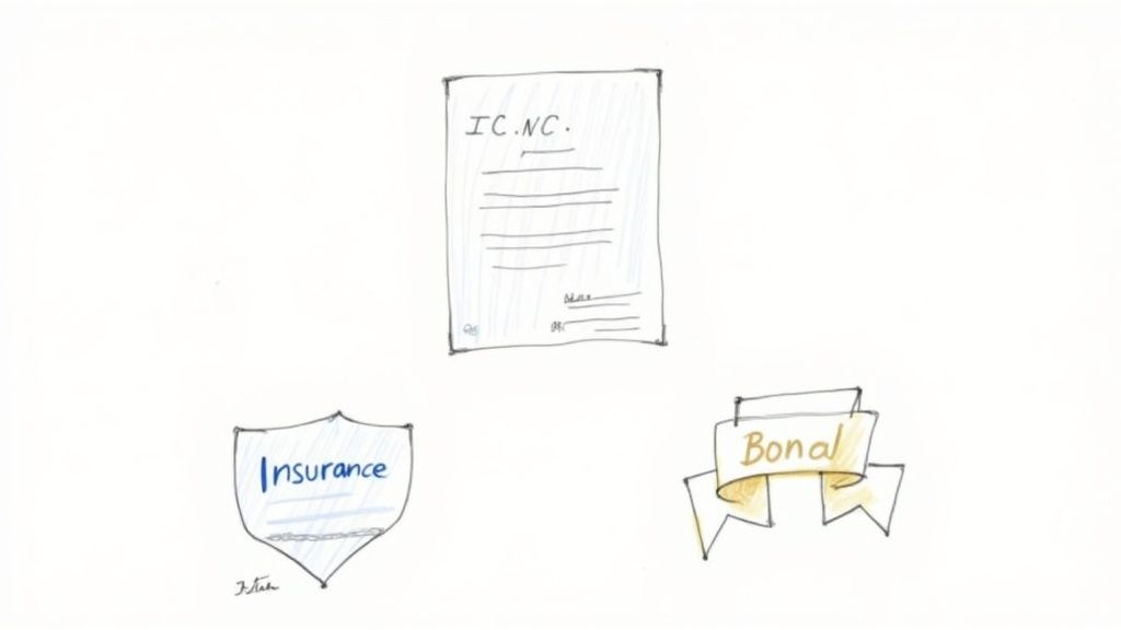Hand-drawn icons depicting a document labeled 'IC.NC', a shield with 'Insurance', and a banner with 'Bonal'.