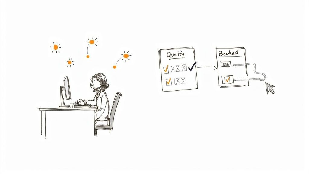 Illustration of a person qualifying leads on a computer, moving them from 'Qualify' to 'Booked' stages.