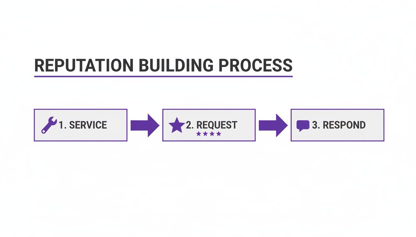 Flowchart illustrating a 3-step reputation building process: Service, Request reviews, Respond.